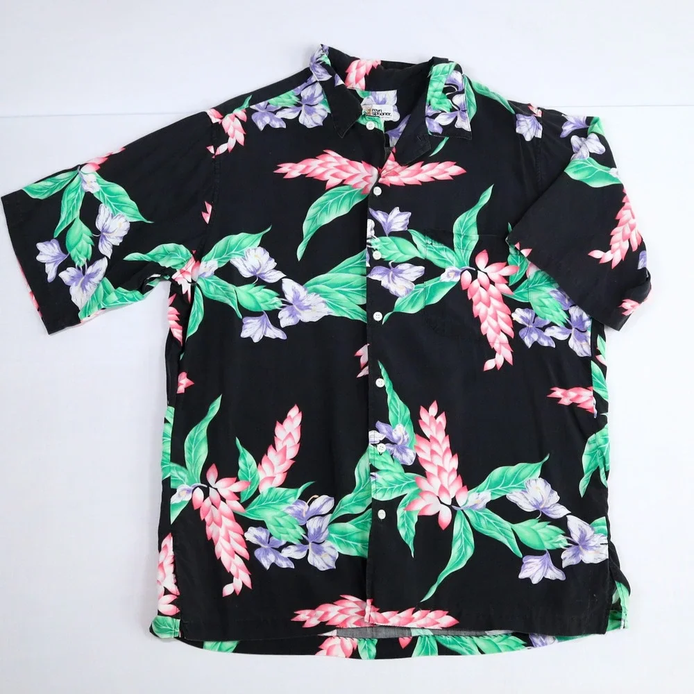 Vintage Reyn Spooner Hawaiian Shirt Mens L Black Floral Rayon Aloha Camp USA‎